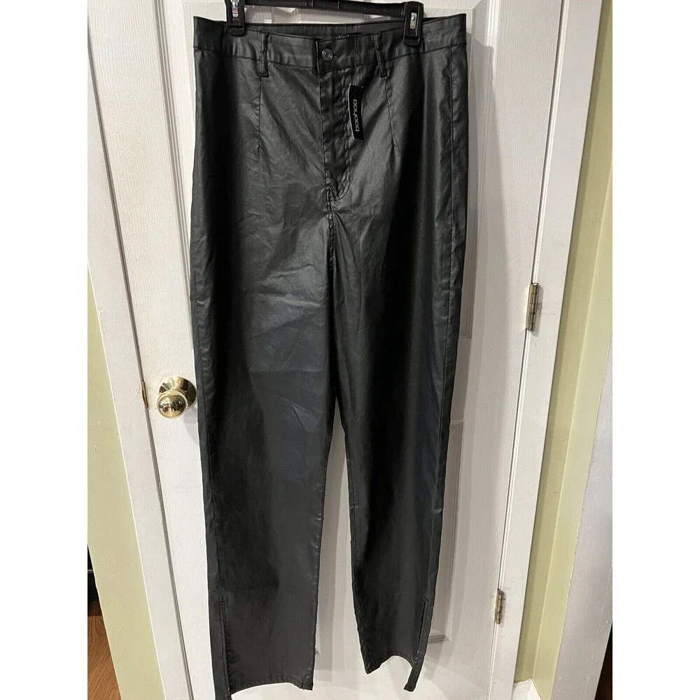 Boohoo jeans Womens Tall sz 14 vegan leather coated Split Hem Straight Leg New